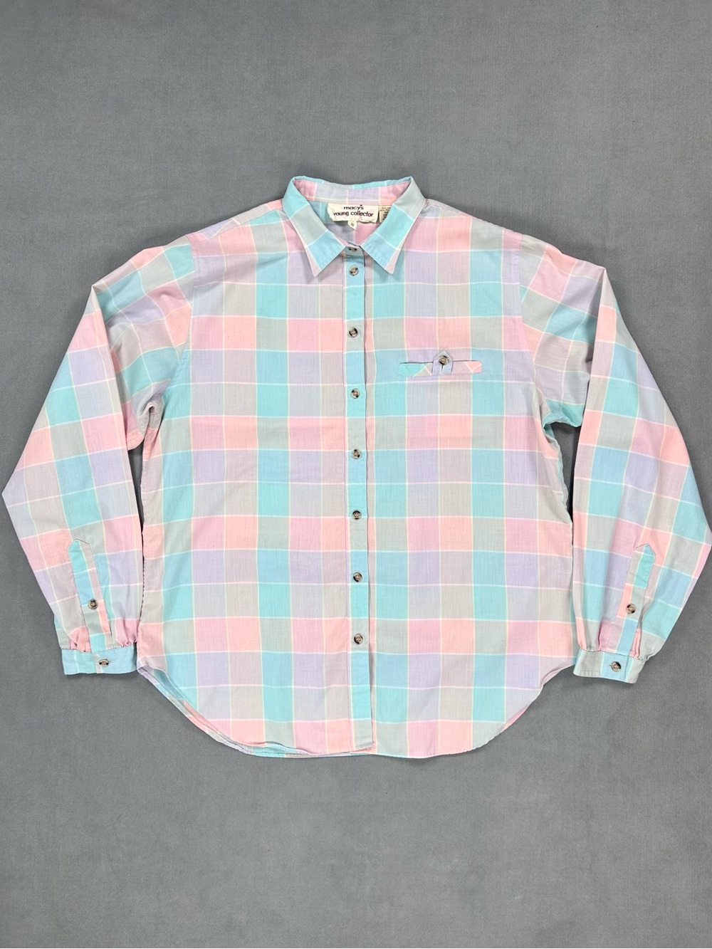 Vintage Macy’s Button Up Shirt Women’s 10 Pastel Check Young Collector Pink Teal